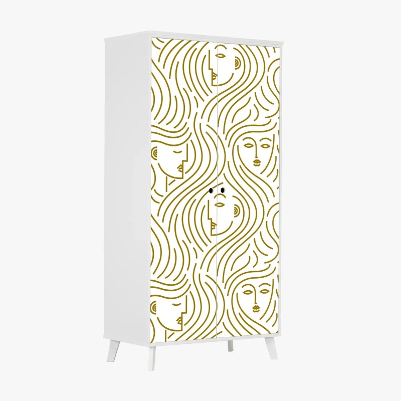 Wardrobe sticker golden flowing faces seamless pattern