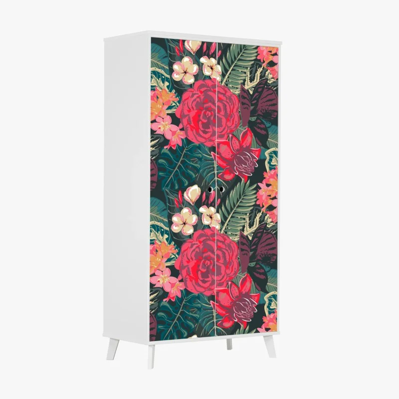 Wardrobe sticker tropical floral pattern in pink and teal