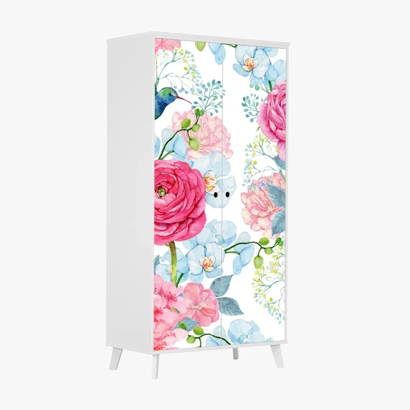 Wardrobe sticker pink watercolor floral garden with hummingbird