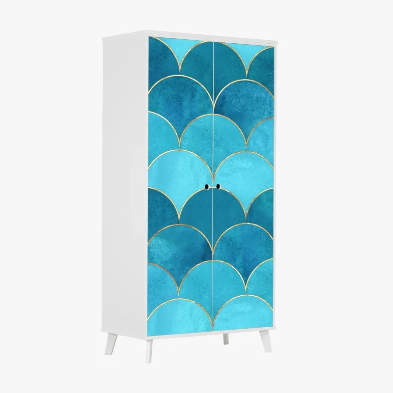 Wardrobe sticker turquoise mermaid scale pattern with gold accents
