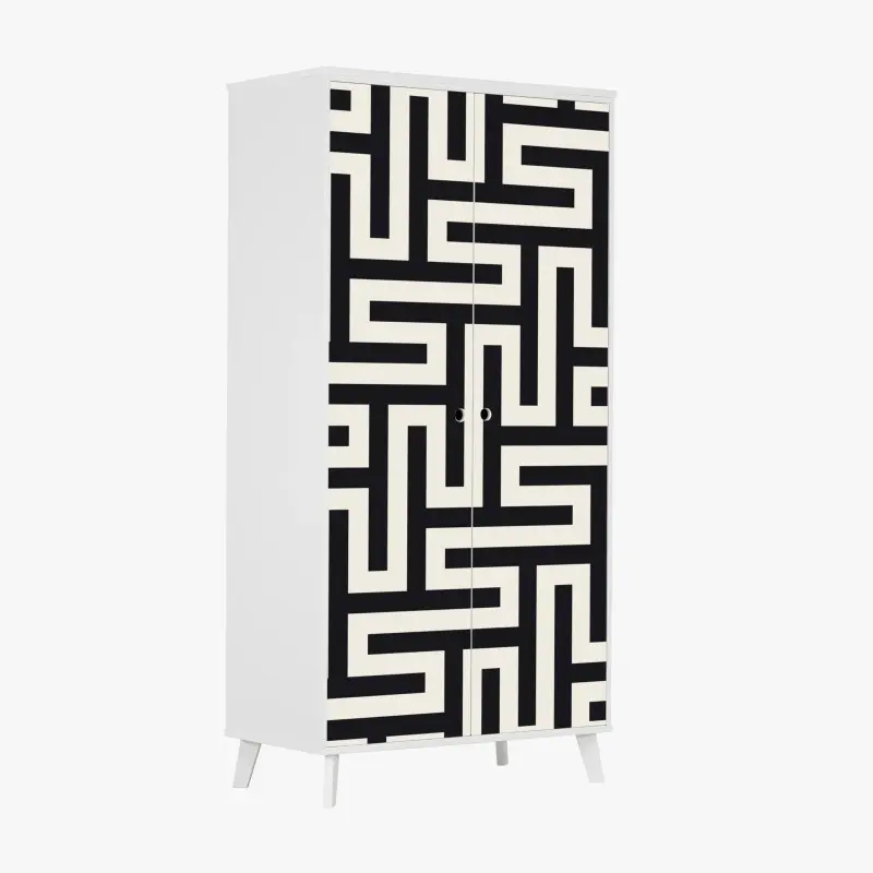 Wardrobe sticker geometric maze pattern in beige and black