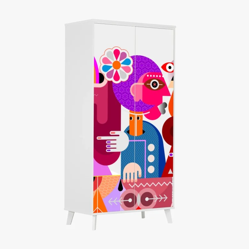 Wardrobe sticker man with rainbow riding geometric bird