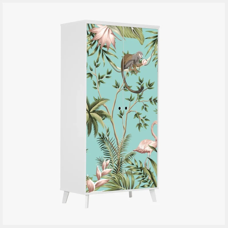 Wardrobe sticker tropical jungle scene with elephant and flamingo
