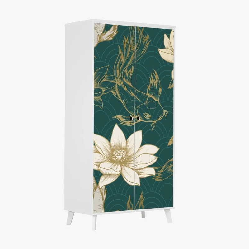 Wardrobe sticker oriental koi and lotus pattern in teal and gold