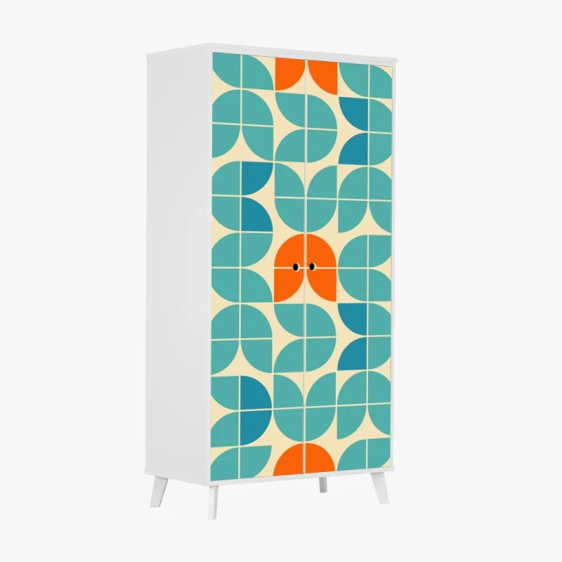 Wardrobe sticker retro geometric tile pattern in turquoise and orange