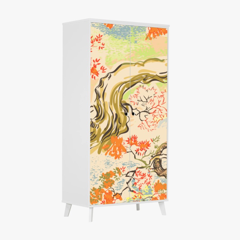 Wardrobe sticker serene oriental tree and leaf pattern