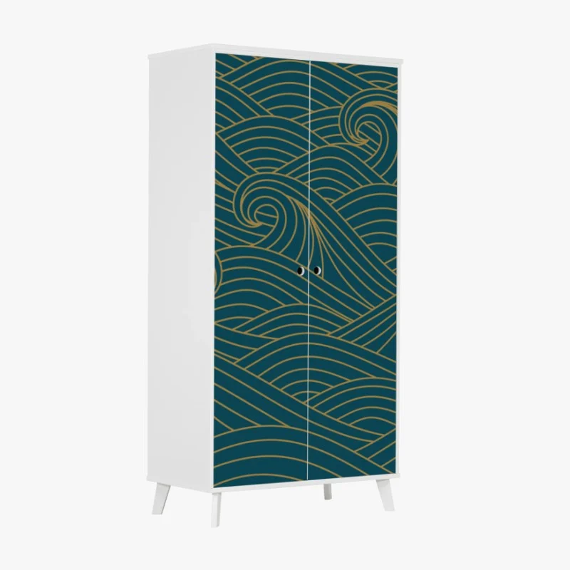 Wardrobe sticker gold-lined teal wave pattern