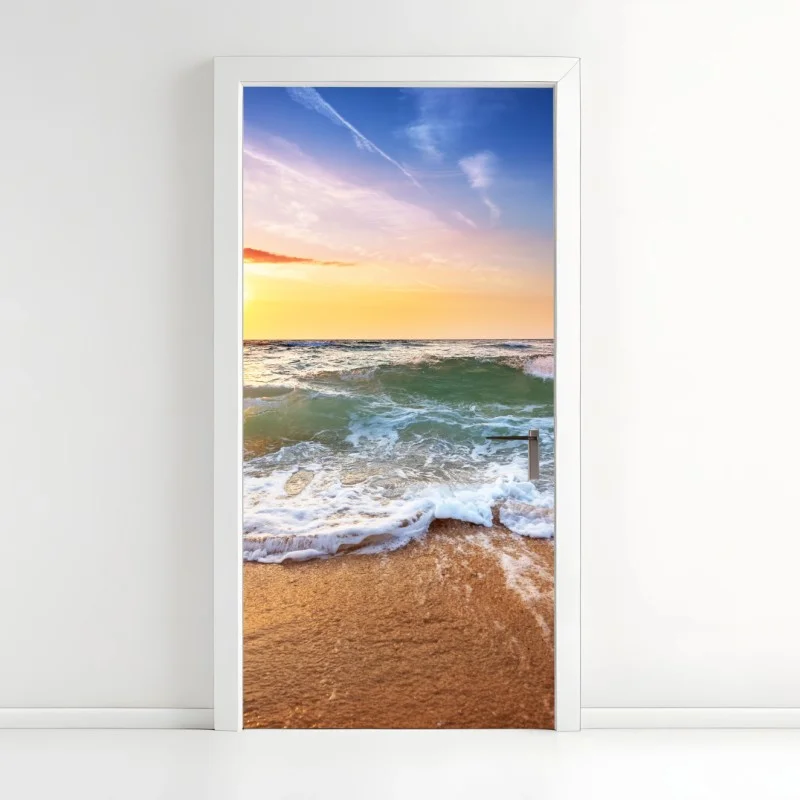 Door sticker golden beach sunset over gentle waves