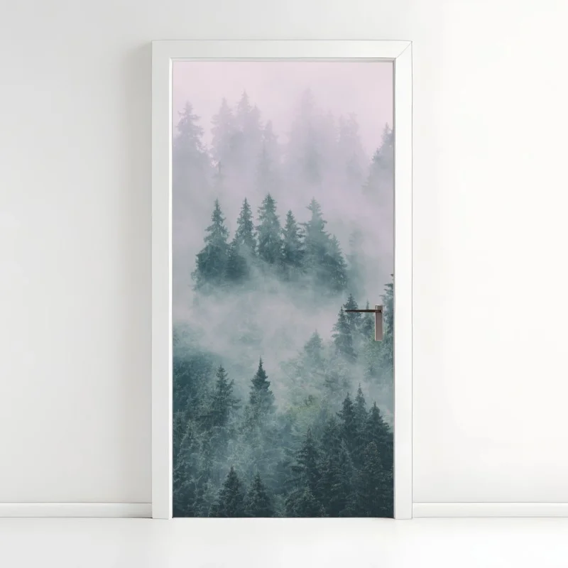 Door sticker misty evergreen forest panorama