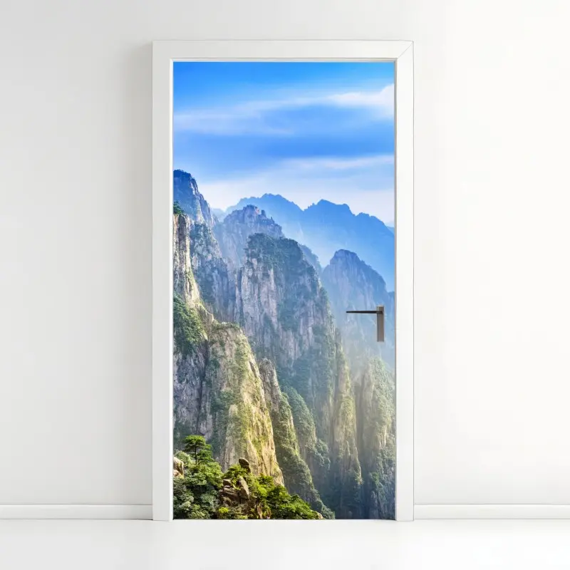 Door sticker misty mountain peaks panorama