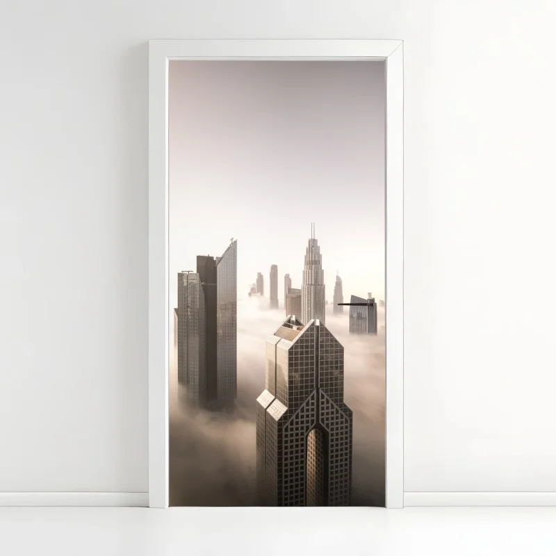 Door sticker foggy Dubai downtown skyline above the clouds
