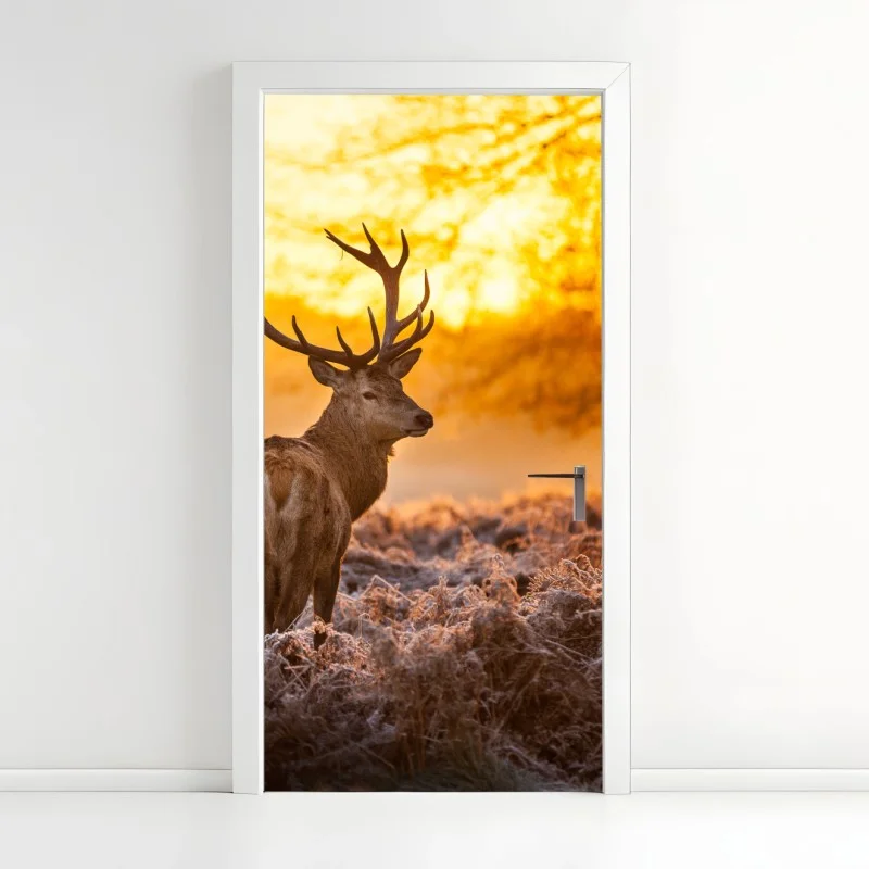 Door sticker golden stag at sunrise