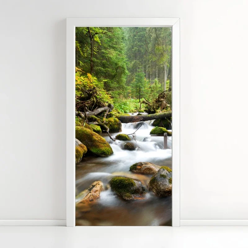 Door sticker mossy forest stream in autumn