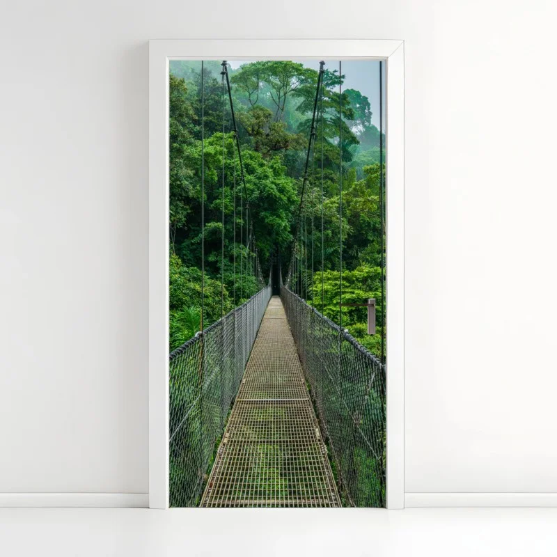 Door sticker suspension canopy bridge through lush rainforest