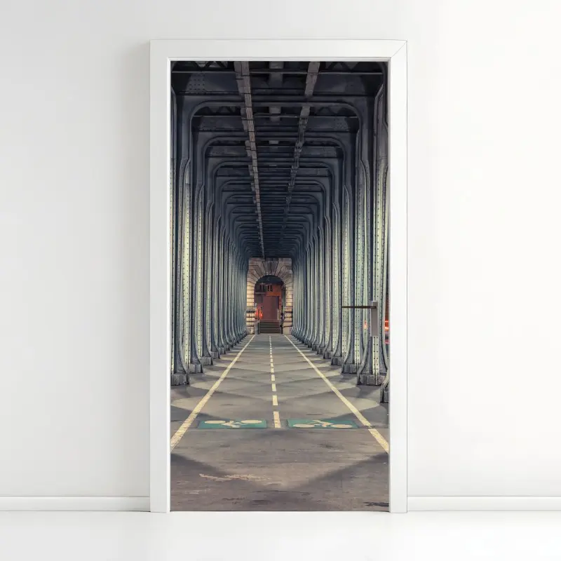 Door sticker symmetrical iron bridge corridor at night