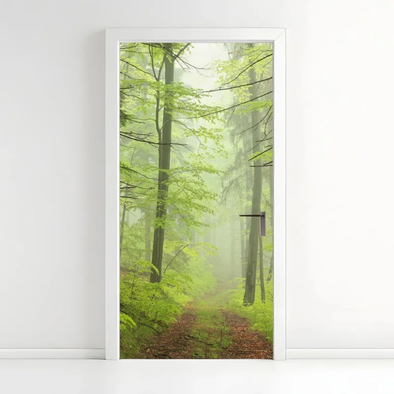 Door sticker misty green forest trail