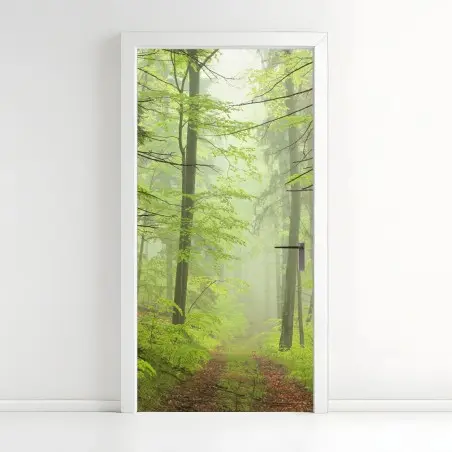 Door sticker misty green forest trail • Wallissimo®