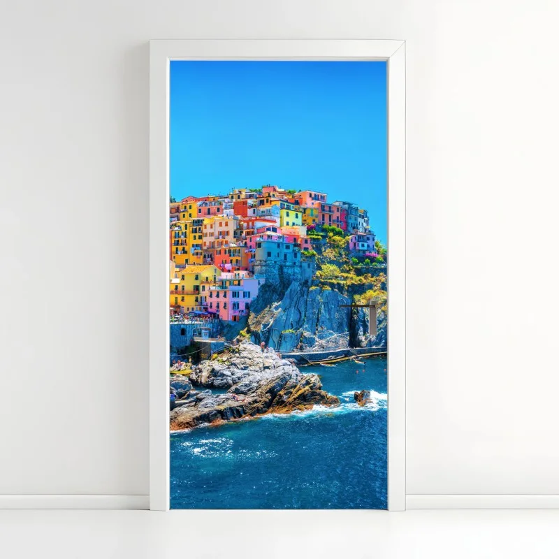 Door sticker colorful cliffside village by the sea