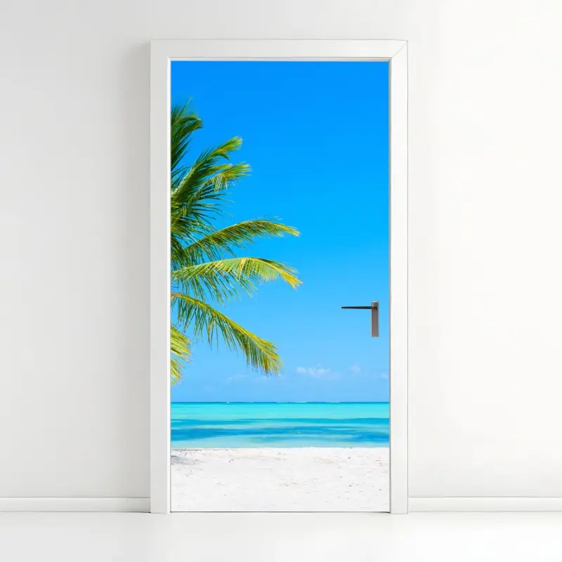 Door sticker tropical palm on white sand beach