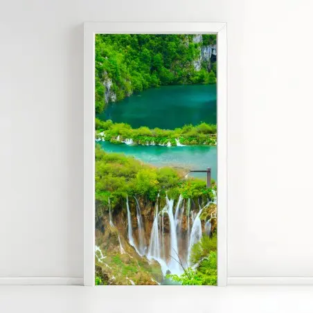Door sticker lush waterfall and turquoise lakes panorama • Wallissimo®
