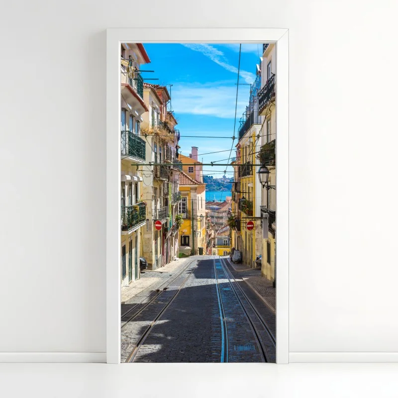 Door sticker old Lisbon street on a summer day