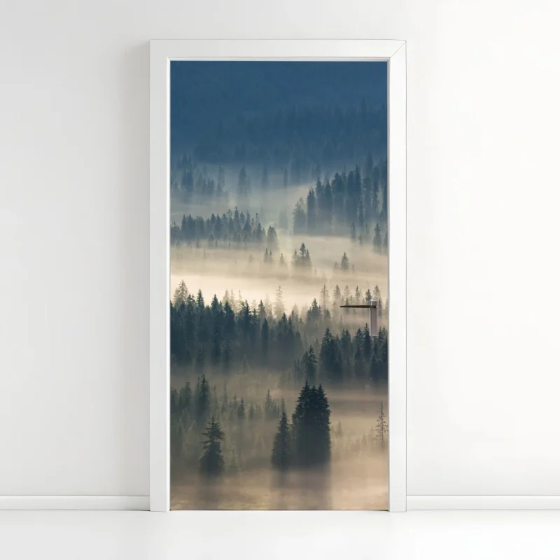 Door sticker misty conifer forest at dawn