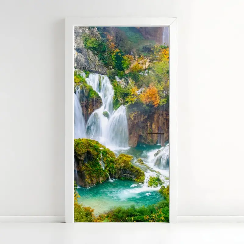 Door sticker turquoise waterfall in autumn