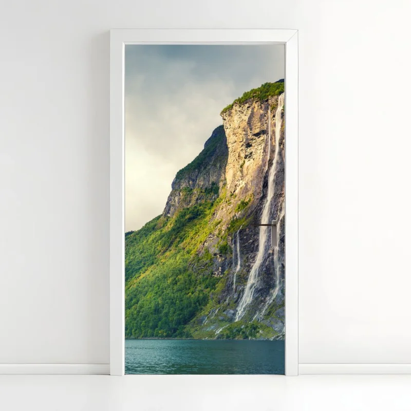 Door sticker waterfalls cascading down fjord cliffs