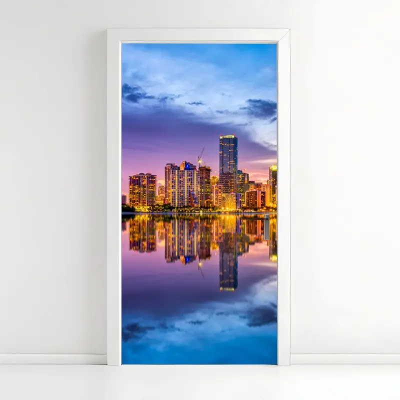 Door sticker Miami skyline reflected on Biscayne Bay