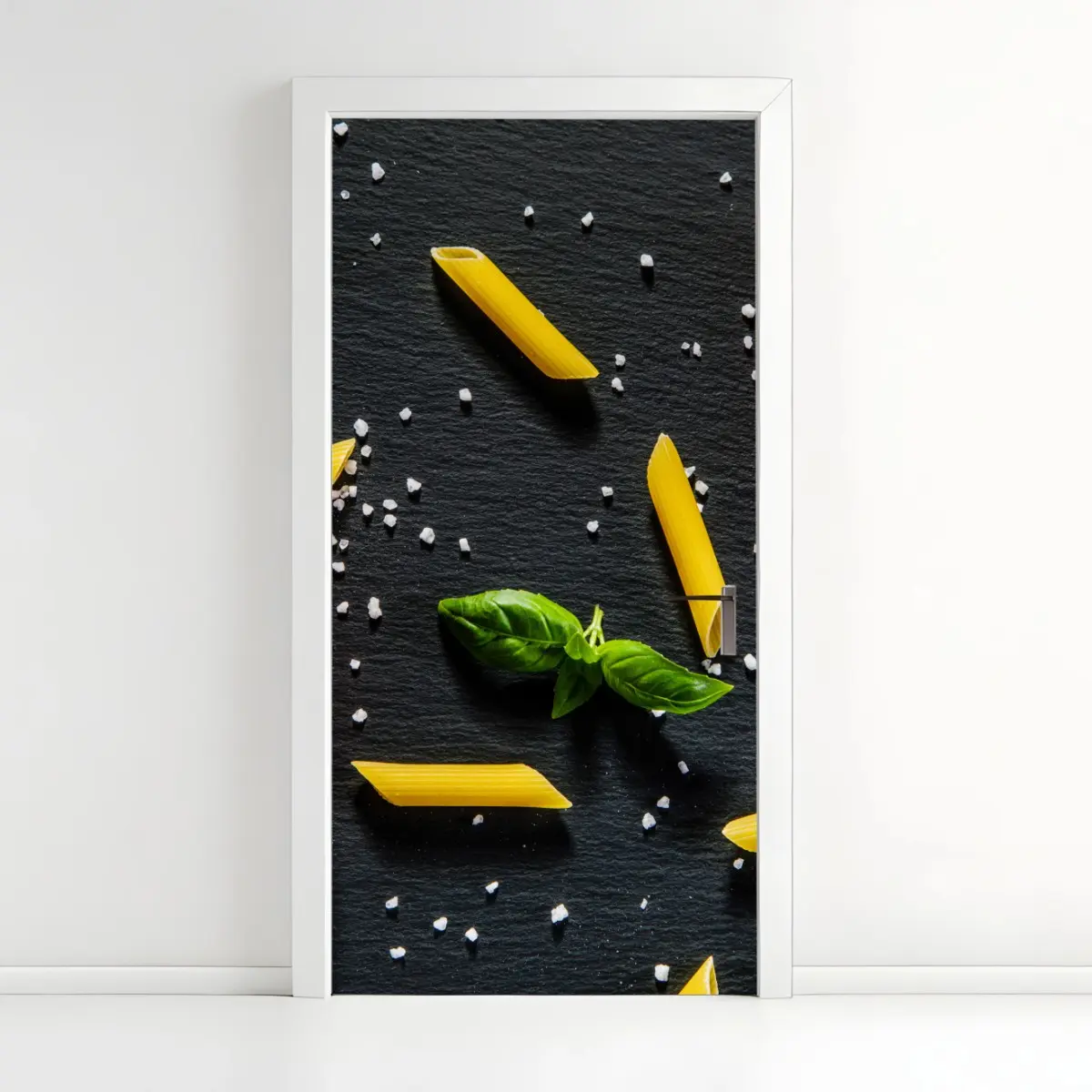 Door sticker tomato and pasta flat lay on black slate ⁕ Wallissimo® Door sticker tomato and pasta flat lay on black slate ⁕ Wallissimo®