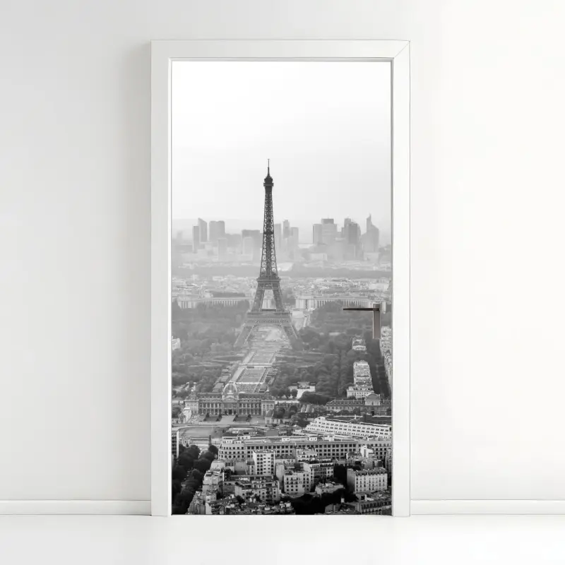 Door sticker elegant Eiffel Tower aerial skyline in grayscale