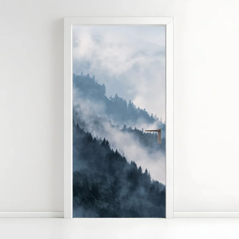 Door sticker mist-covered mountain ridges