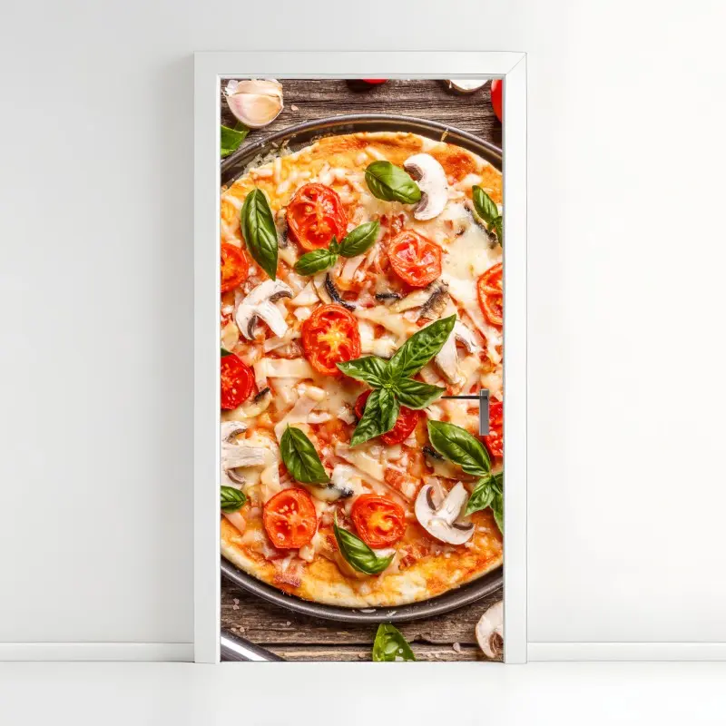 Door sticker fresh pizza with basil and cherry tomatoes