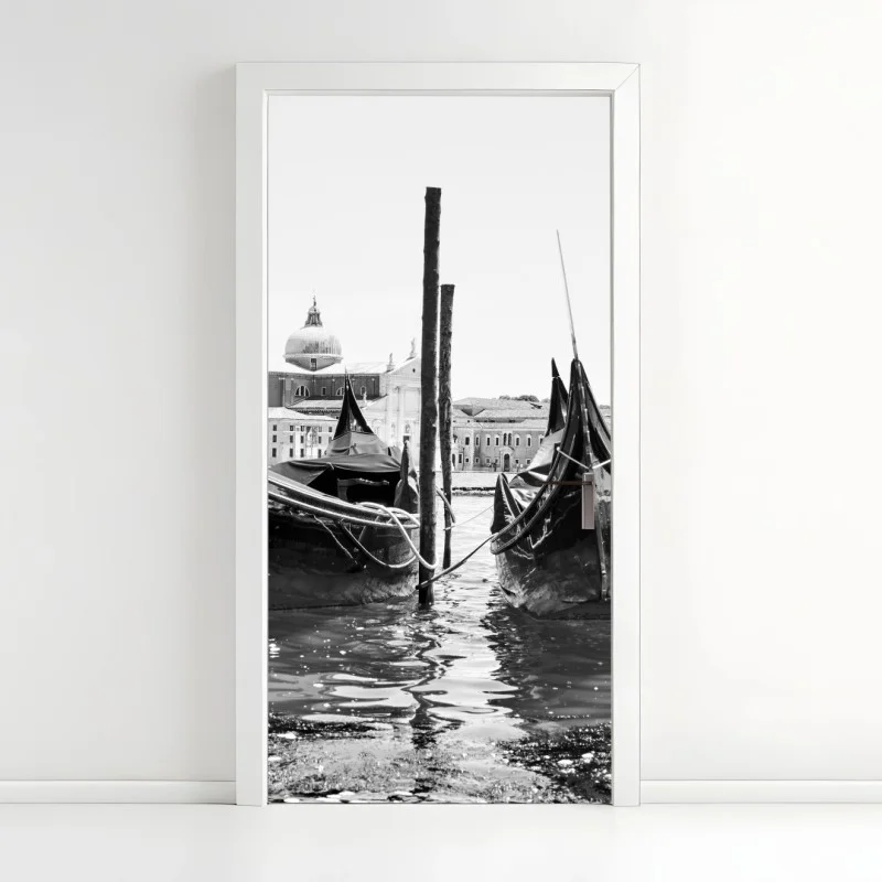Door sticker moored gondolas in Venice
