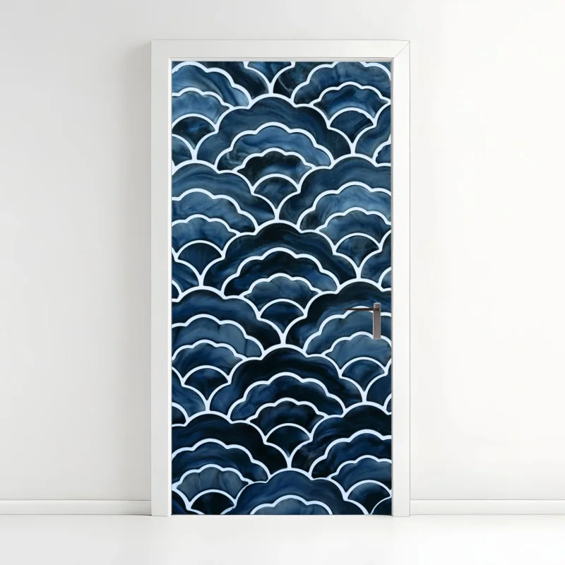 Door sticker japanese blue wave pattern
