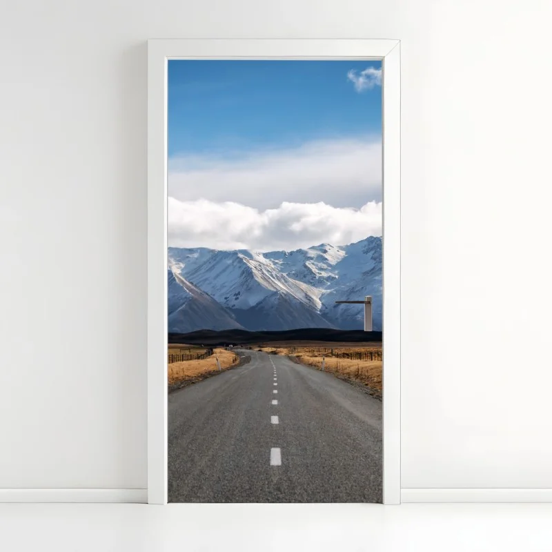 Door sticker road to snow-capped mountains, New Zealand