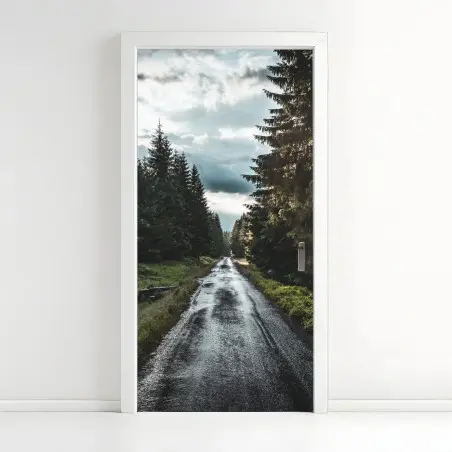 Door sticker forest road through misty pines • Wallissimo®