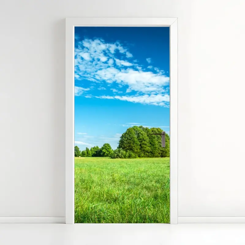 Door sticker sunlit green meadow under a blue sky