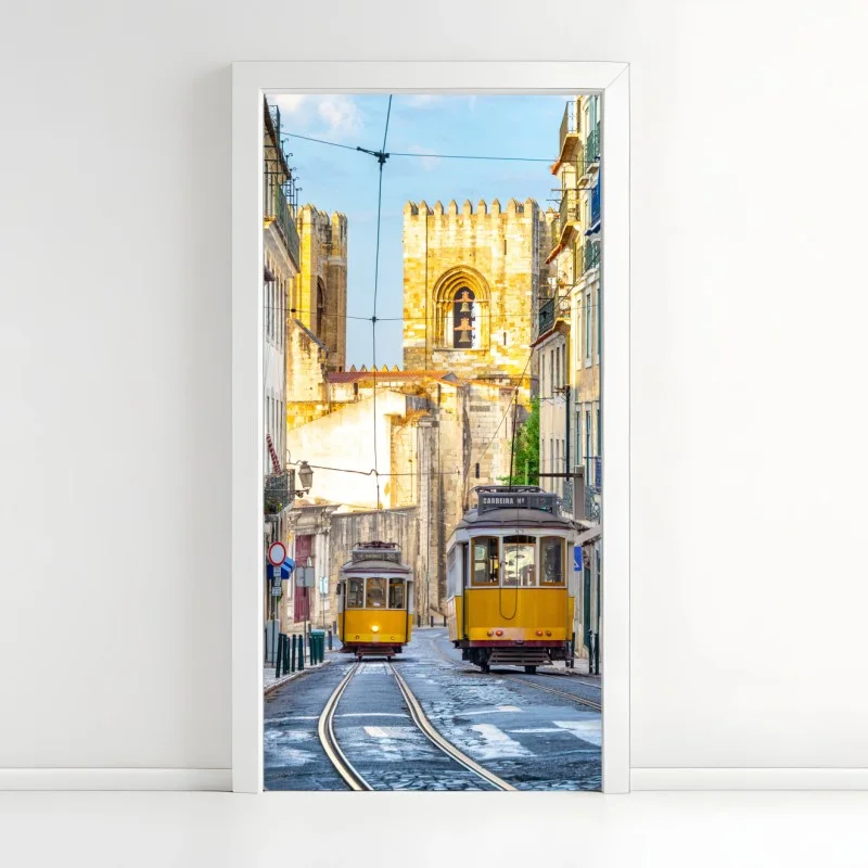 Door sticker sunlit trams on Lisbon's historic street