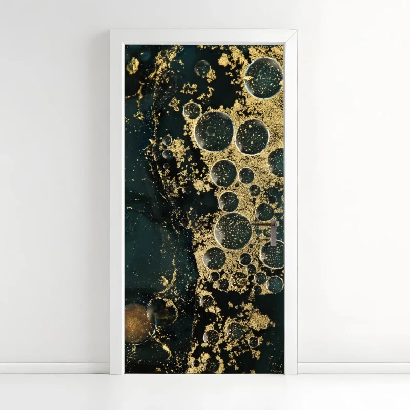 Door sticker turquoise and gold abstract marbled texture