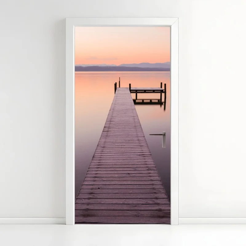 Door sticker tranquil pier at sunrise over pastel lake