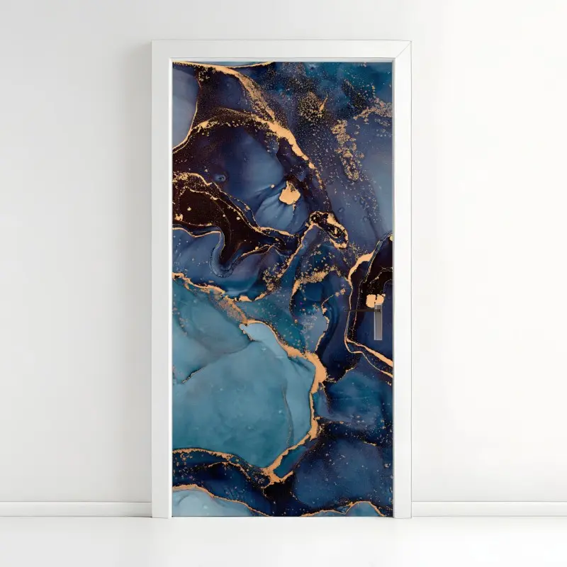 Door sticker deep ocean blues with gold veins