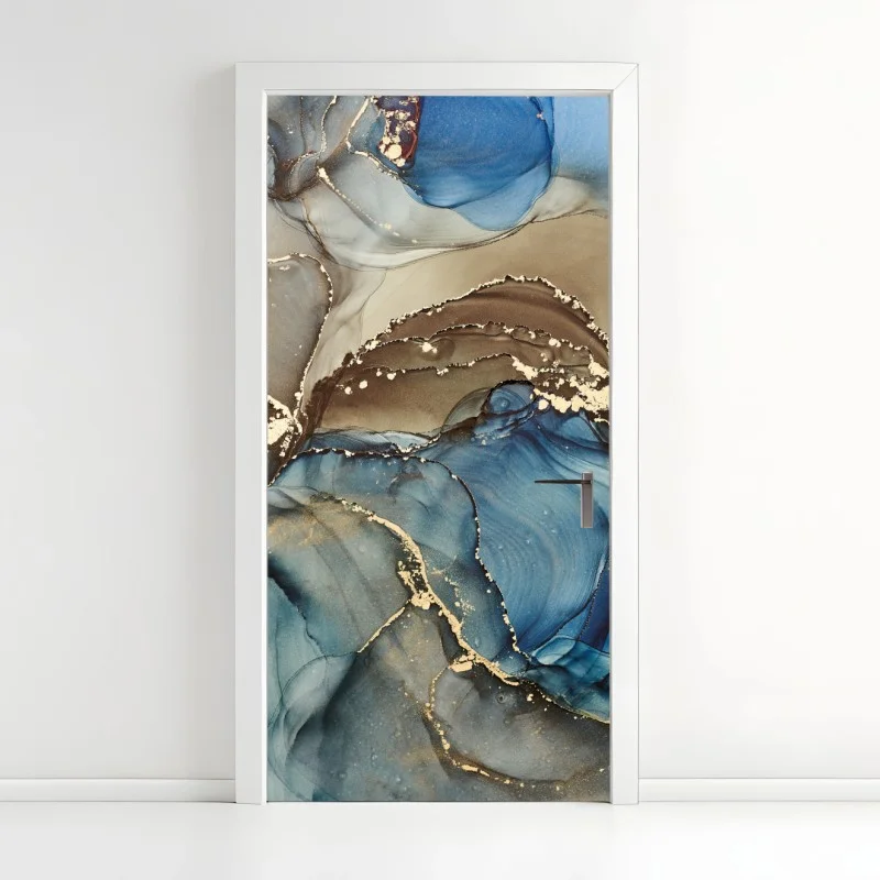 Door sticker blue and gold fluid abstract