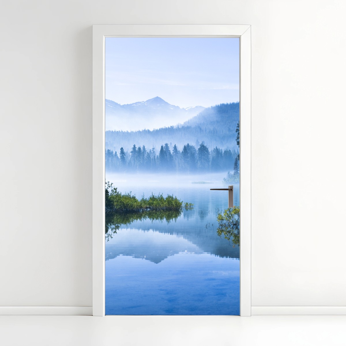Door sticker misty mountain lake reflection • Wallissimo® Door sticker misty mountain lake reflection • Wallissimo®