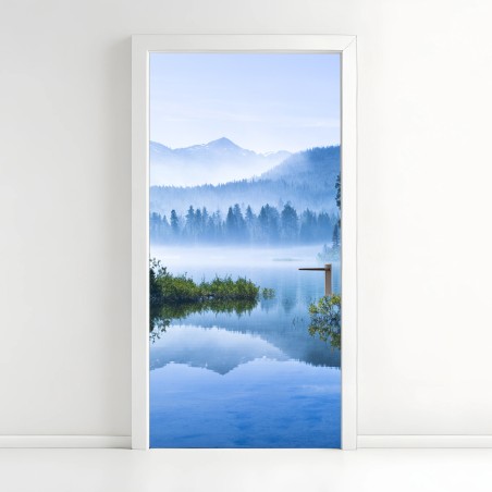 Door sticker misty mountain lake reflection • Wallissimo®