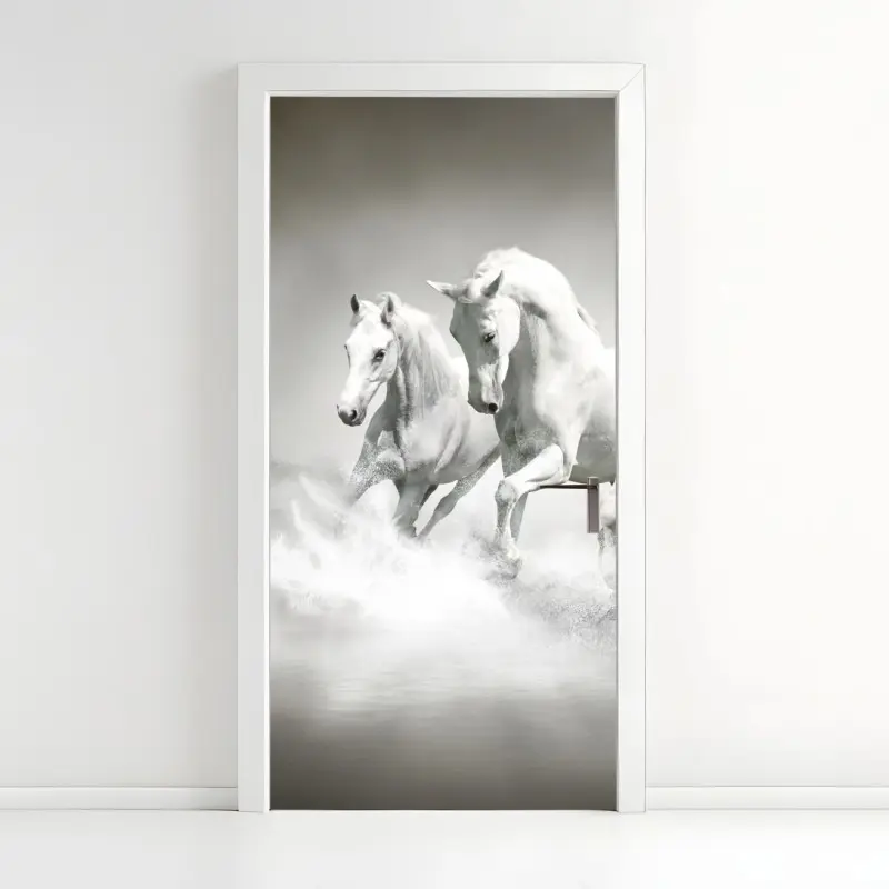 Door sticker three white horses running through water