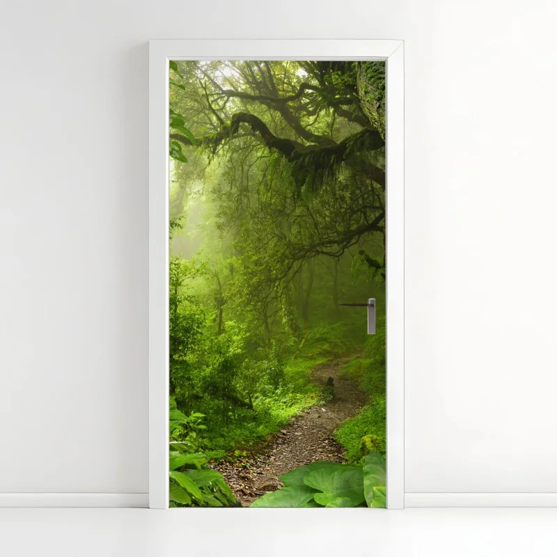 Door sticker lush misty forest trail