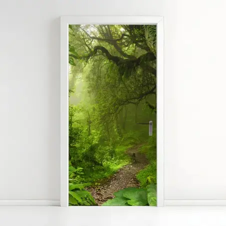 Door sticker lush misty forest trail • Wallissimo®