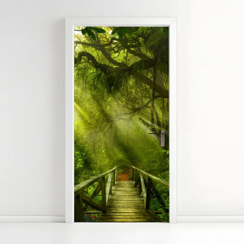 Door sticker sunlit forest pathway
