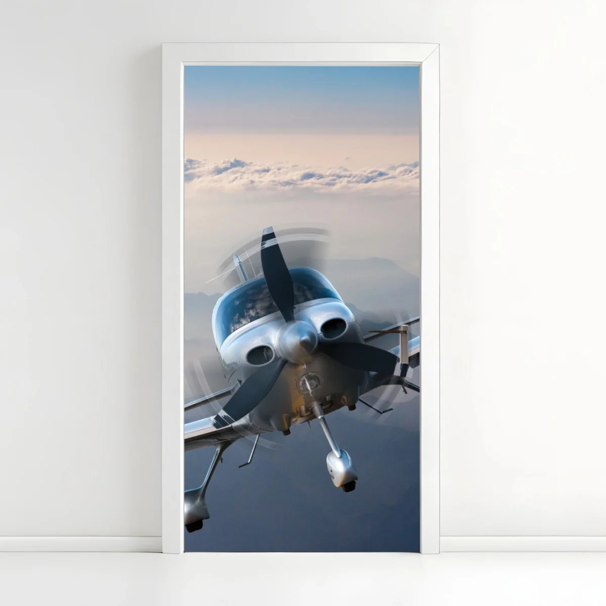 Door sticker silver propeller plane over misty mountains • Wallissimo® Door sticker silver propeller plane over misty mountains • Wallissimo®